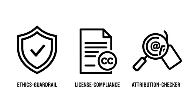 Line icon collection for digital ethics guardrails creative commons license compliance online attribution verification guardrail compliance attribution copyright security protection