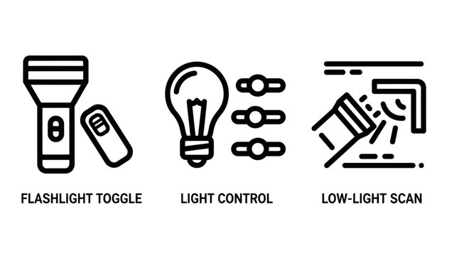 Flashlight toggle light control and low-light scan icons set flashlight graphics brightness visibility illumination adjustment settings detection equipment interface monochrome collection