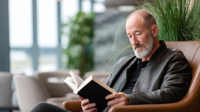 A mature man with a beard sits in a cozy chair by a window, absorbed in reading a book in a relaxed indoor setting.
