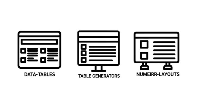 Data tables and table generator layout icons for web design with generator business interface spreadsheet software development application minimalist illustration template management