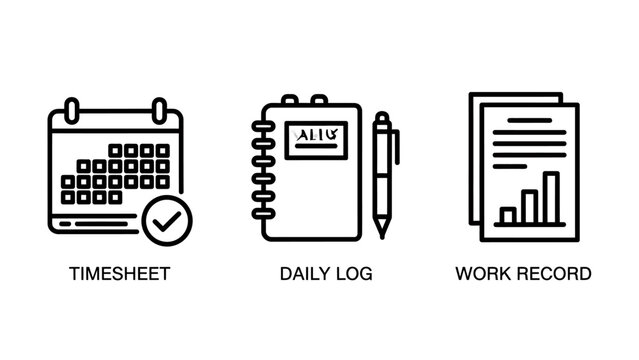 Work management icons featuring timesheet daily log and work record timesheet business schedule calendar document management productivity notebook corporate minimalist illustration