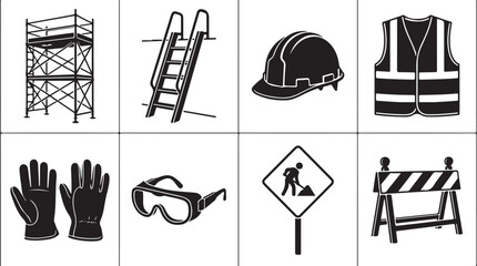 construction icons, safety symbols, industrial signs, equipment set, black and white vector graphics © Nayeem