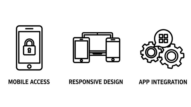 Set of mobile development and app integration icons with application technology responsive integration software smartphone development interface connectivity engineering hardware automation