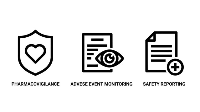 Pharmacovigilance and adverse event monitoring icons set with pharmacovigilance monitoring reporting pharmaceutical healthcare document compliance regulation clinical research tracking