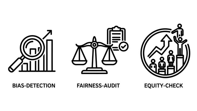 Bias detection fairness audit and equity check management icon set with detection fairness management analysis equality diversity inclusion evaluation business performance assessment