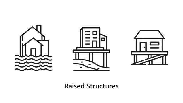 Three line art illustrations of raised structures including houses on stilts and elevated buildings with structure building elevation architecture residence construction environment protection