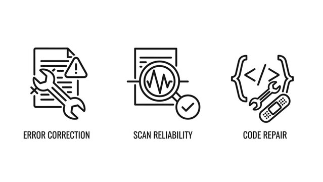 Set of technical troubleshooting icons featuring error correction scan reliability code repair troubleshooting correction reliability programming software development technical magnifying