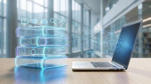 Digital knowledge transfer concept with glowing books connected to a modern laptop symbolizing e-learning and artificial intelligence education