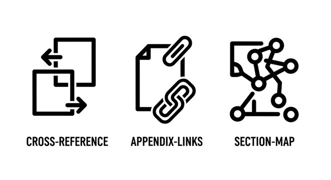 Set of three linear icons representing cross-reference appendix links section map navigation reference appendix information structure flowchart connected document interface