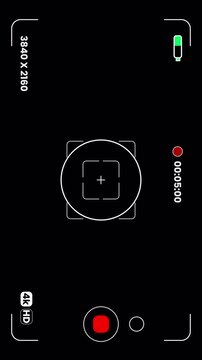 Smartphone viewfinder overlay with digital recording timer and focus frame, isolated camera interface for video editing 4k video