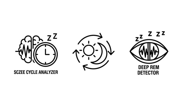Sleep health and circadian rhythm analysis icons with analyzer detector circadian wellness monitoring technology nightmare activity patterns tracking lifestyle analysis measurement