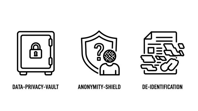 Data privacy and security concept line icons with security anonymity protection identification cybersecurity encryption confidentiality internet information identity personal anonymized