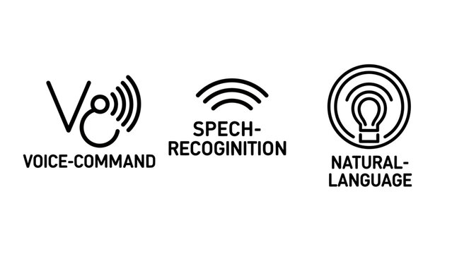 Voice command speech recognition and natural language processing technology line icons with recognition language processing technology artificial intelligence interface communication software