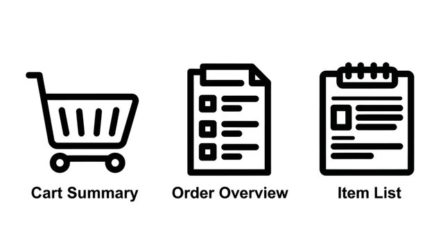 Set of online shopping icons showing shopping cart summary order overview checklist itemized list with shopping checklist ecommerce business purchase transaction checkout management delivery