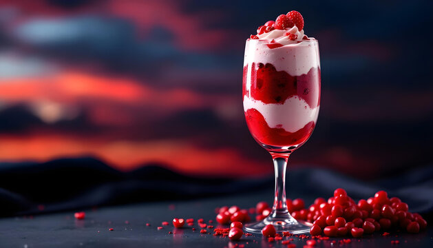 Red and white layered parfait topped with tiny hearts
