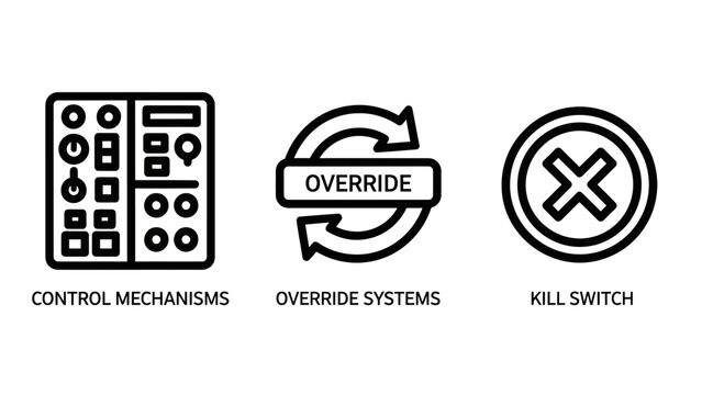 Control systems vector icon set featuring mechanisms override and kill switch mechanism override technology interface automation dashboard shutdown emergency operation technical engineering