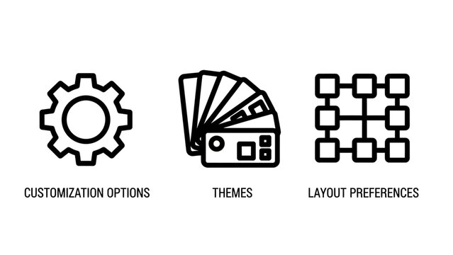 Customization and layout preference icons including gear themes and network grid with customization preference configuration settings interface development personalization software structure