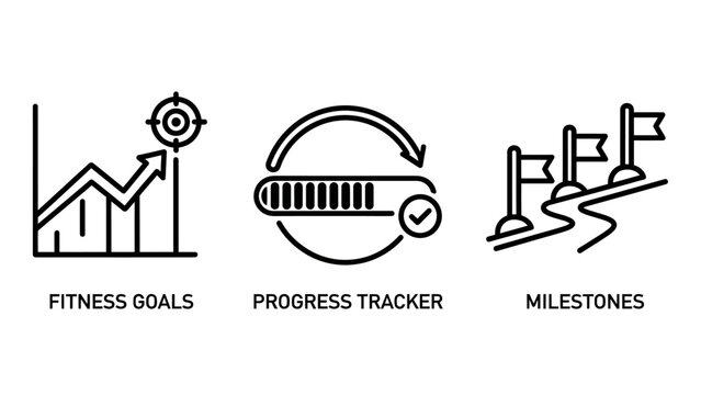 Fitness progress tracking and goal achievement icons set with progress milestones tracking exercise training achievement motivation performance lifestyle wellness activity improvement