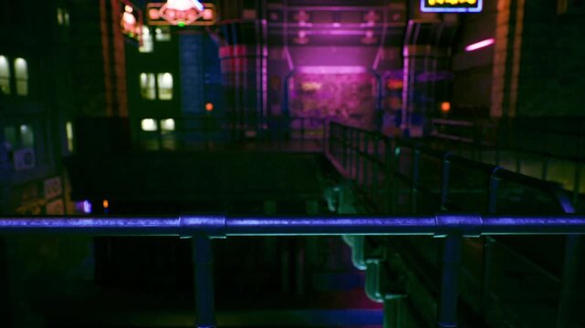 Empty elevated catwalk seoul under purple glow. Rusted railing, low light pools, distant lit windows and vending signage, atmosphere evokes latenight