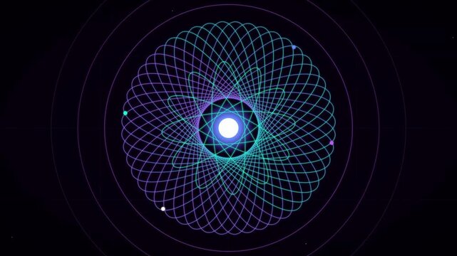 Geometric atom structure with glowing orbital paths and spinning particles in a digital motion video clip