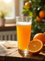 Fototapeta premium Freshly squeezed orange juice with ice cubes in a glass on wooden table