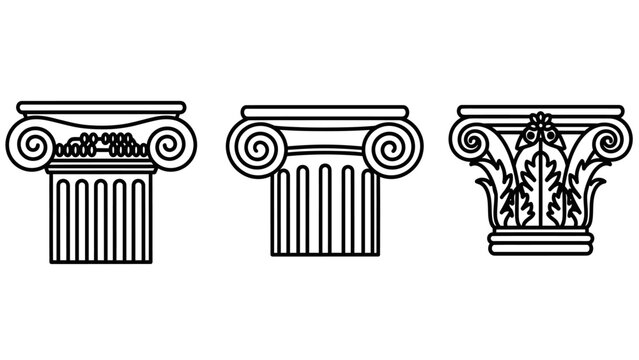 Three different classical architectural columns line art icons with architecture classical corinthian construction building monument historic structure ornament minimalist heritage landmark