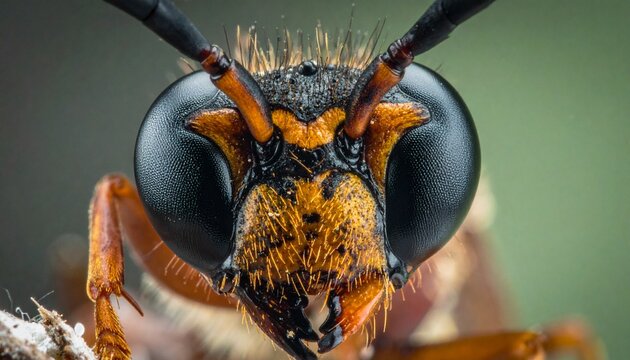Detailed macro shot of a wasps head showcasing intricate details and textures.