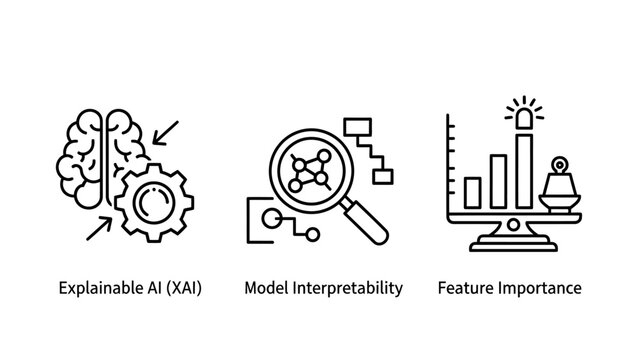 Explainable AI and interpretability data icons with explainable interpretability importance artificial intelligence learning analysis magnifying algorithm statistical technical computing