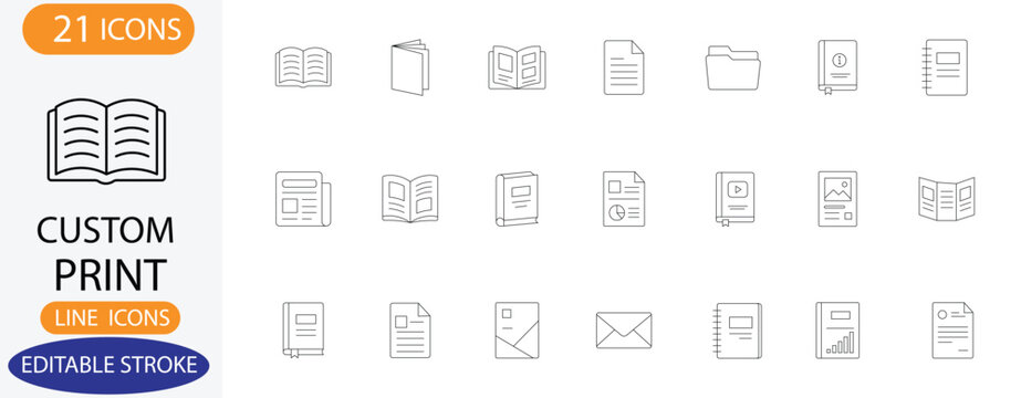 Custom Print Icon Set ,document, booklet,catalog, leaflet, flier, handbook Editable Stroke Icons for Documents, Media and  publishing house
