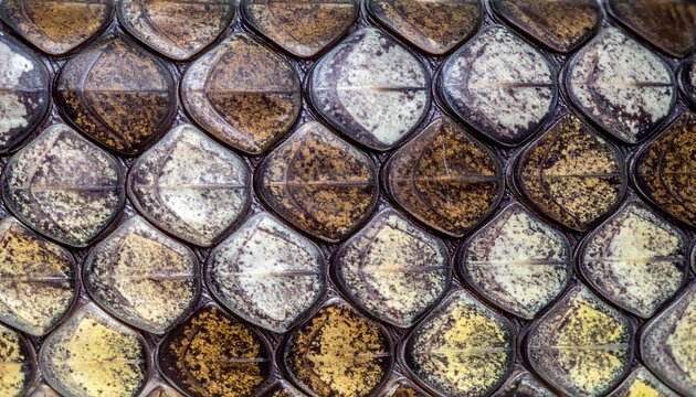 Detailed snake skin pattern with brown, white, and yellow scales.