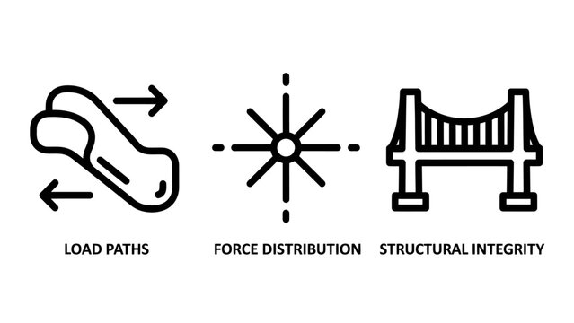 Set of engineering and structural icons representing load paths force distribution structural integrity with engineering structure distribution integrity construction architectural mechanics
