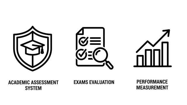 Academic assessment and performance evaluation education line icon set with academic assessment education evaluation performance measurement university minimalist graduation checklist