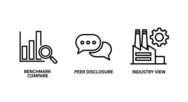 Business performance benchmarking and industry analysis icons with benchmark disclosure industry business analysis communication corporate development management production performance