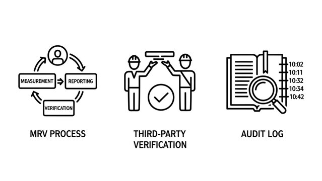 Corporate compliance and audit workflow icons including mrv process third-party verification audit log with compliance verification thirdparty business document magnifying inspector tracking