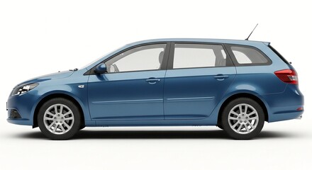 Fototapeta premium A blue car is parked on a white background with its side visible