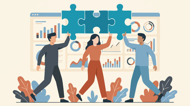Business teamwork and data analysis, solving problems with puzzle pieces