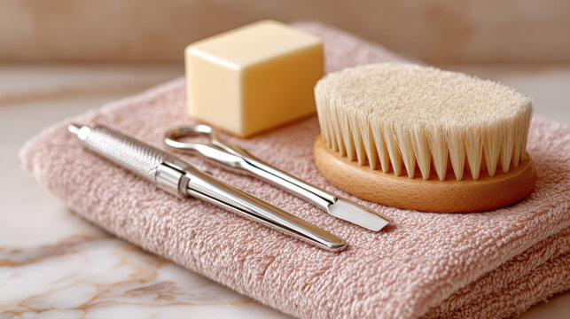 Close-up stainless steel manicure tools on soft towel with brush and soap for beauty salon background and spa care banner design