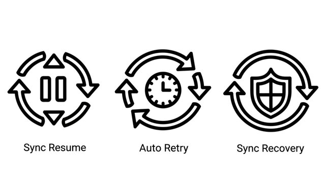 Sync management icons showing resume retry and recovery symbols with management recovery transfer software technology download internet stopwatch security interface computer application
