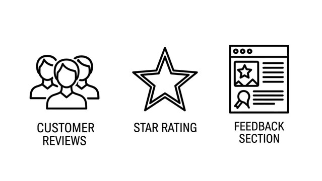 Set of three digital icons depicting customer reviews with people a star rating system a website feedback section interface feedback customer interface satisfaction evaluation business