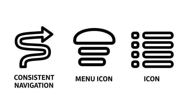 Set of three navigational UI icons featuring a directional path arrow a hamburger menu icon a list view format for website interfaces navigation interface hamburger direction structure
