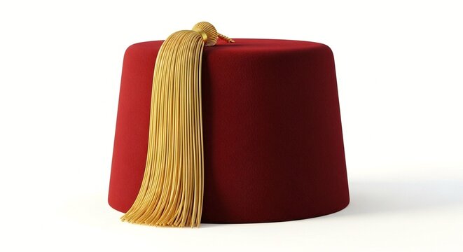 A luxurious red fez hat with a long golden tassel on a white background