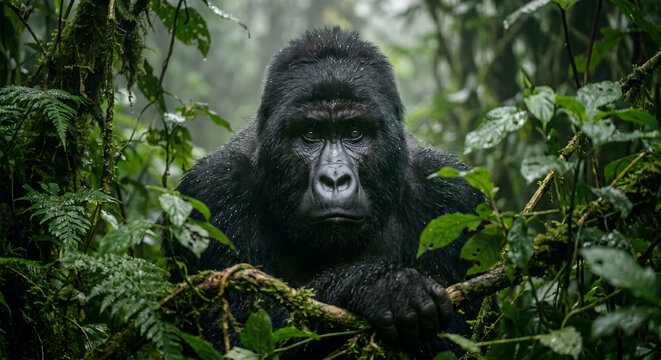 Portrait of a majestic mountain gorilla in the dense, misty rainforest of rwanda
