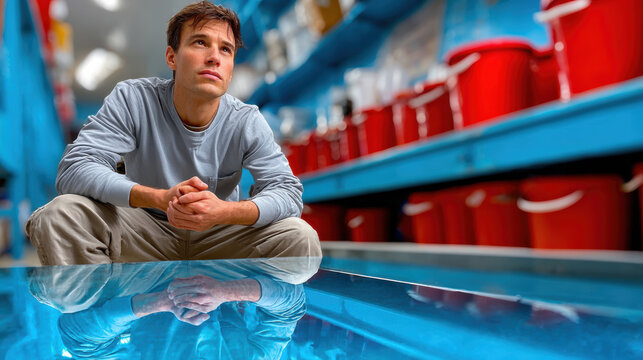 Maintenance worker in hardware aisle inspecting reflective surface for repair and store display background and product check