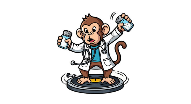 Cartoon Monkey DJ Wearing Doctor Lab Coat Dancing.