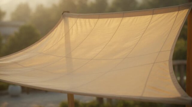 White Sunshade Canopy Stretching Over a Garden Terrace at Dusk for Outdoor Relaxation and Glamping Atmosphere