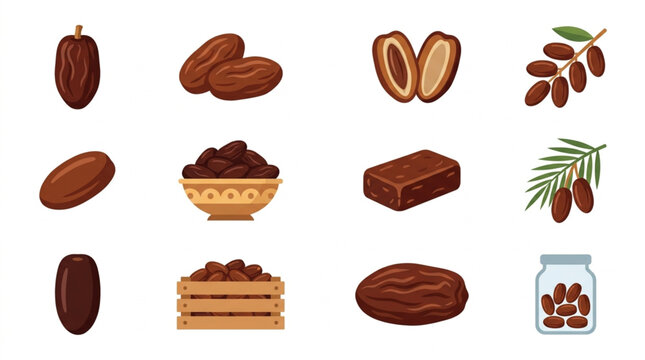 Collection of fresh and dried dates fruit illustrations.