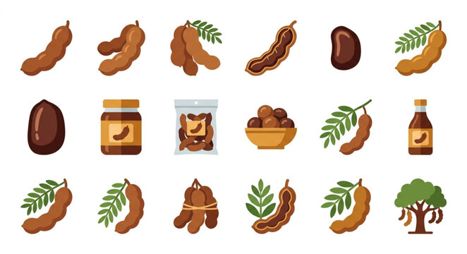 Collection of fresh and dried tamarind fruits and products.