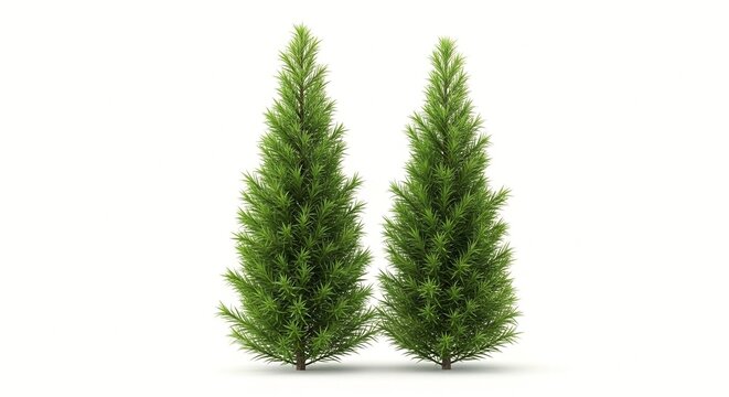 Two small green pine trees standing side by side on a white background