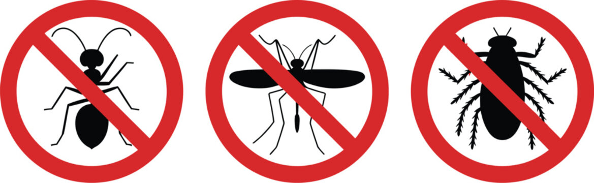 Pest control icon set featuring insect silhouettes of an ant mosquito and cockroach inside red prohibition warning signs vector