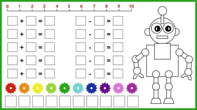 
Cute robot math worksheet for kids. Educational activity page with addition and subtraction problems, a number line from 0 to 10, and colorful gears for counting. Fun vector illustration for preschoo